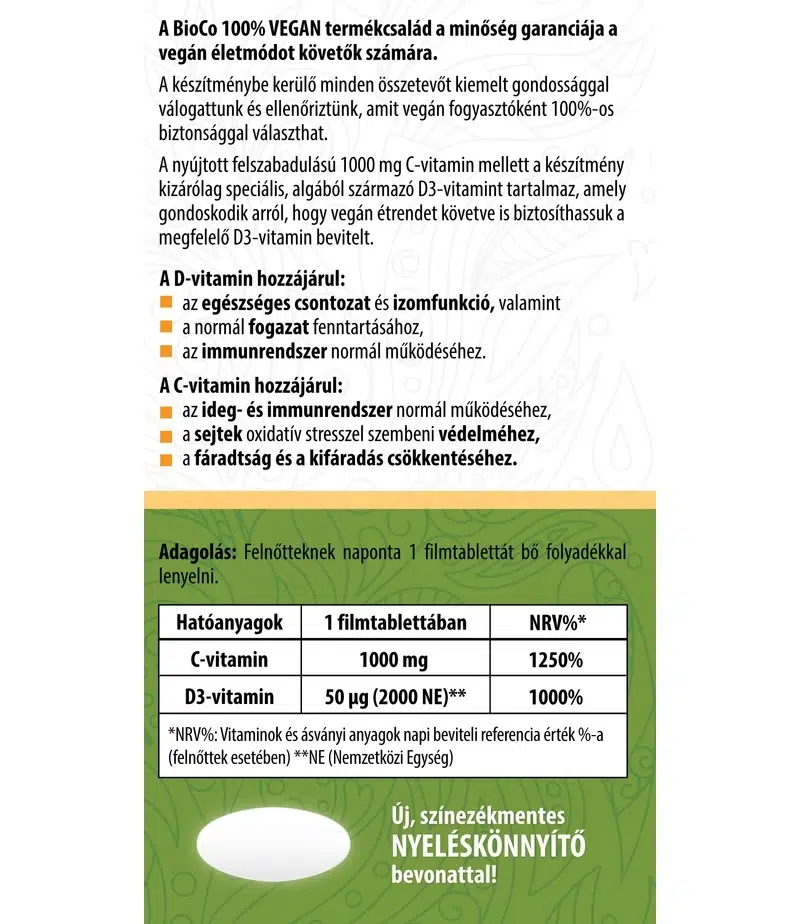 BioCo 100% VEGAN C+D Duo C-vitamin 1000mg + alga D3-vitamin filmtabletta -90db - Image 2