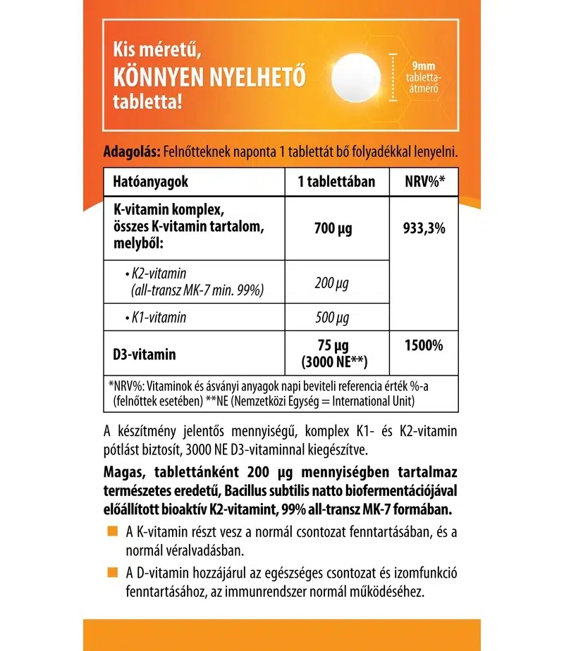 BioCo Bioaktív K2 200µg K1+D3 komplex tabletta - 60db - Image 2