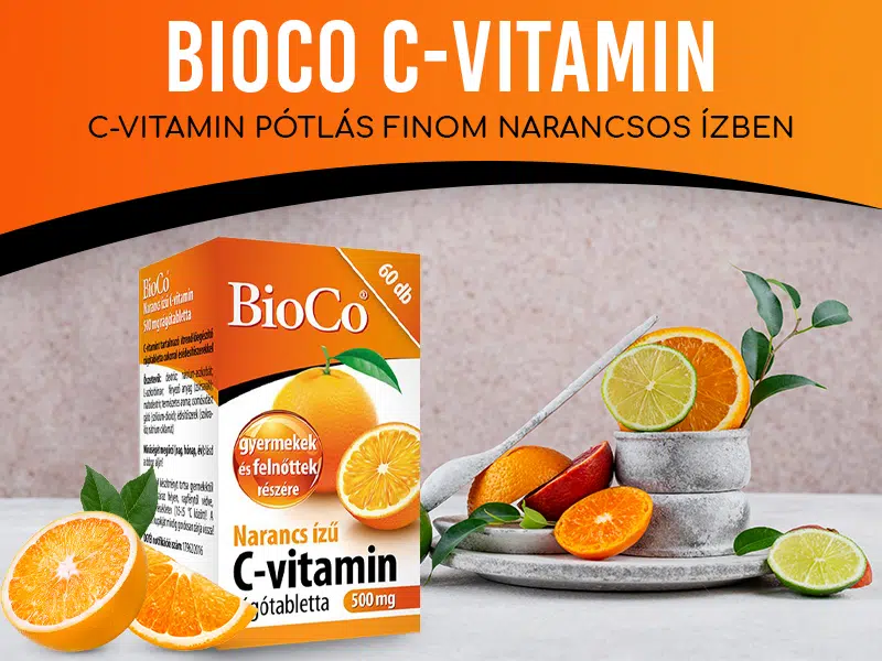 A BioCo Narancs ízű C-vitamin rágótabletta könnyen elrágcsálható vagy elszopogatható