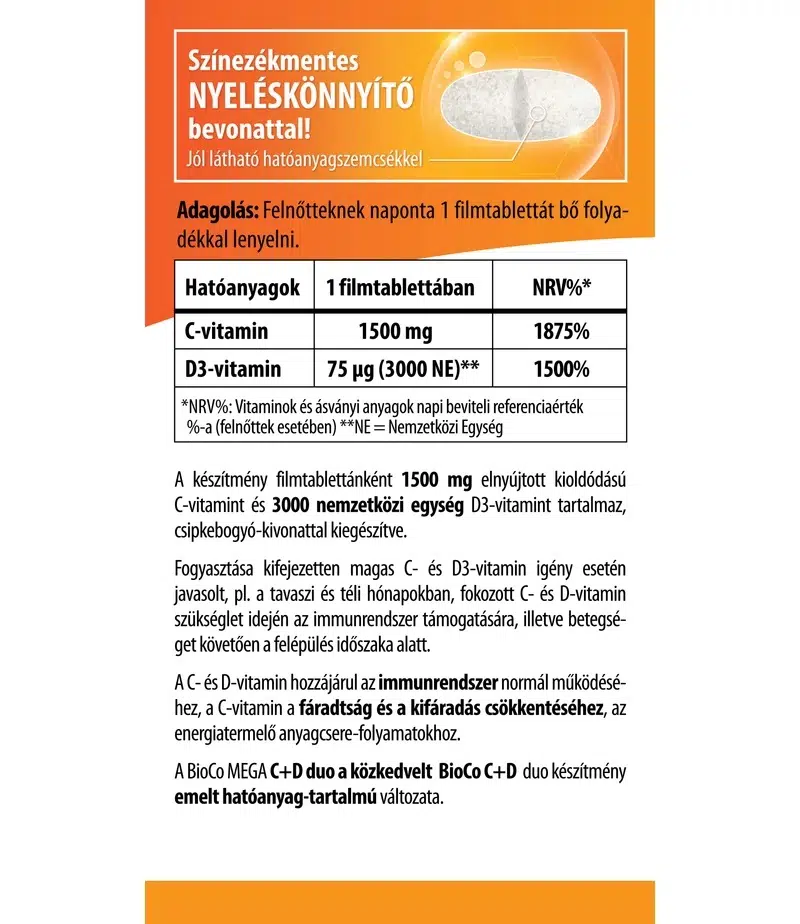 BioCo MEGA C+D duo C-vitamin 1500mg + D3-vitamin 3000NE RETARD filmtabletta - 100db - Image 2