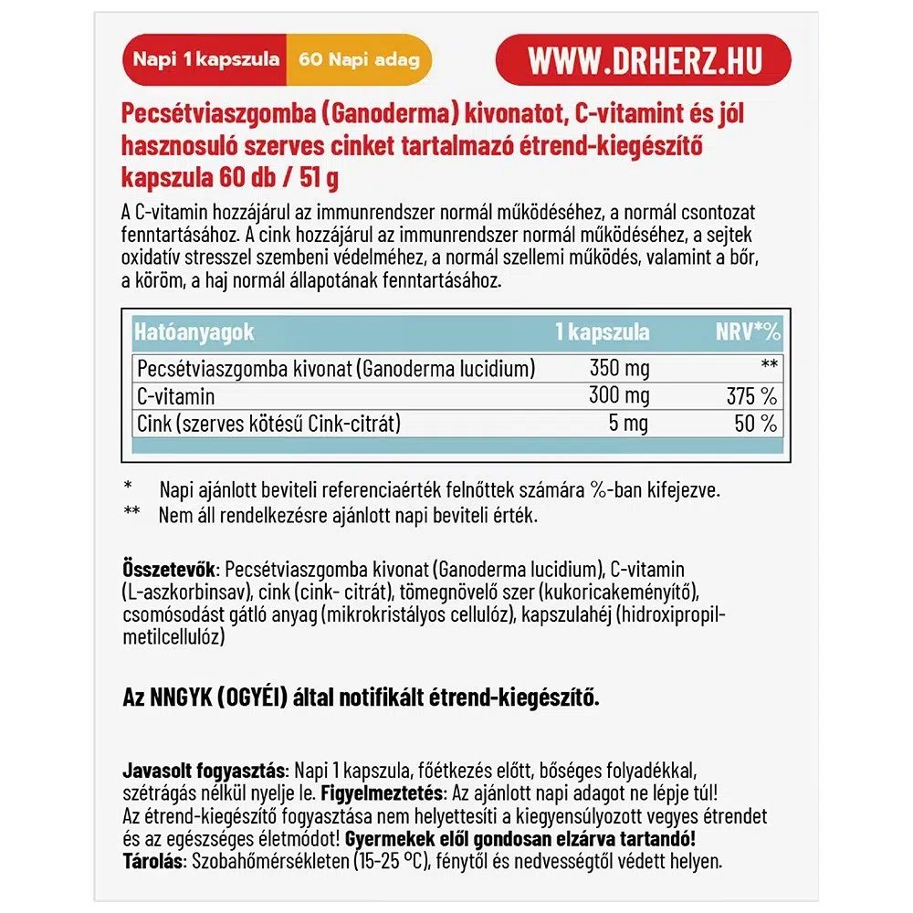 Dr. Herz Reishi + C-vitamin + Szerves Cink kapszula - 60db - Image 2