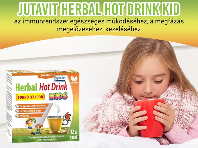 A JutaVit Herbal Hot Drink Kid forró italporban lévő hatóanyagok gyorsan csillapítják a lázat, a torokfájást, a köhögést