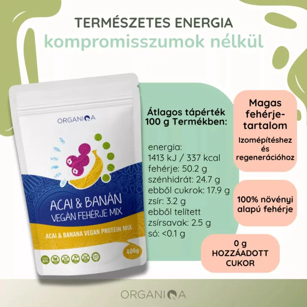 Organiqa 100% bio acai-banán vegán fehérje mix - 400g - Image 4