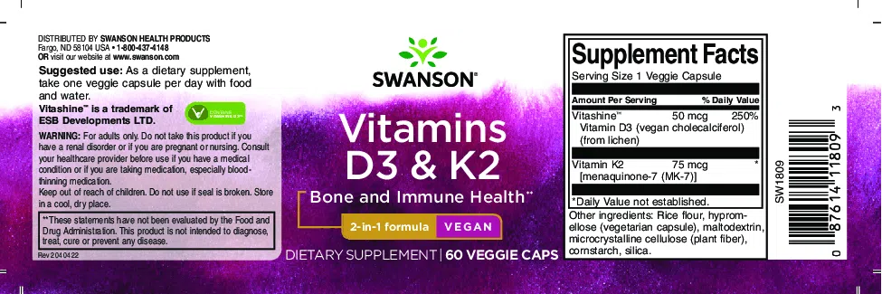 Swanson D3+K2-vitamin kapszula - 60db - Image 2