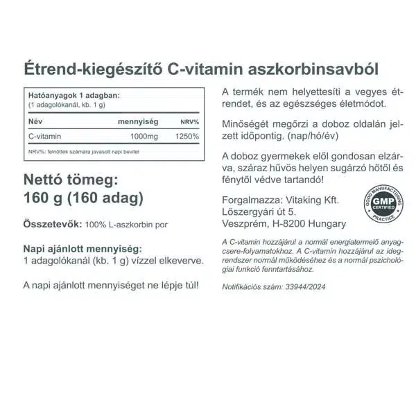 VitaKing Aszkorbinsav + C-vitamin por - 160g - Image 2