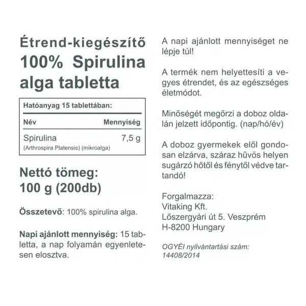 Vitaking 100% Spirulina alga tabletta - 200 db - Image 2