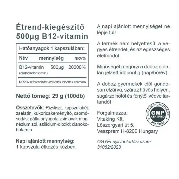 Vitaking B12 vitamin 500mcg kapszula - 100 db - Image 2