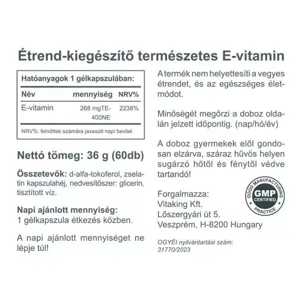 Vitaking Természetes E-400 vitamin gélkapszula - 60 db - Image 2