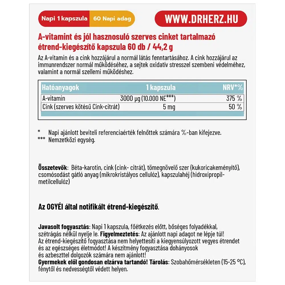 Dr. Herz A-vitamin 10000NE + Szerves Cink kapszula - 60db - Image 2