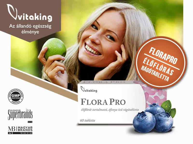 A Vitaking Flora Pro rágótabletta finom áfonyás ízű, nyelési nehézség esetén is könnyen fogyasztható