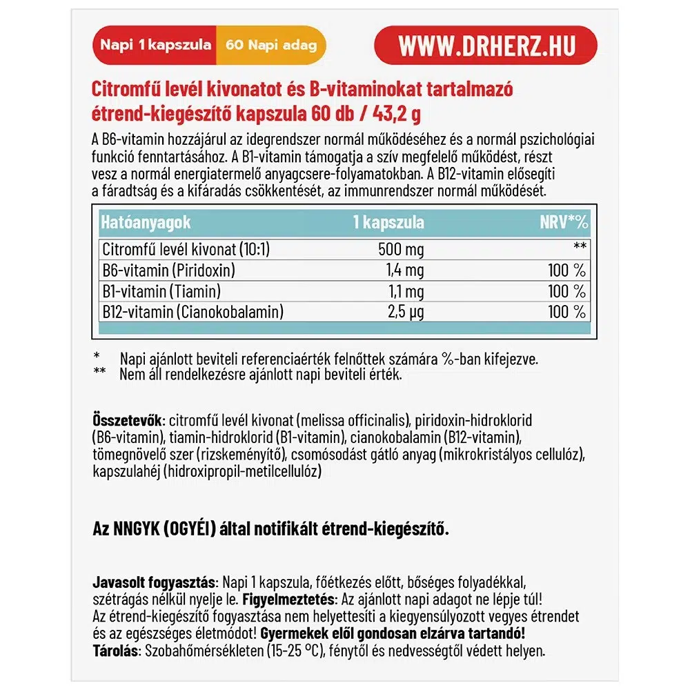 Dr. Herz Citromfű 500mg + B-vitaminok kapszula - 60db - Image 2