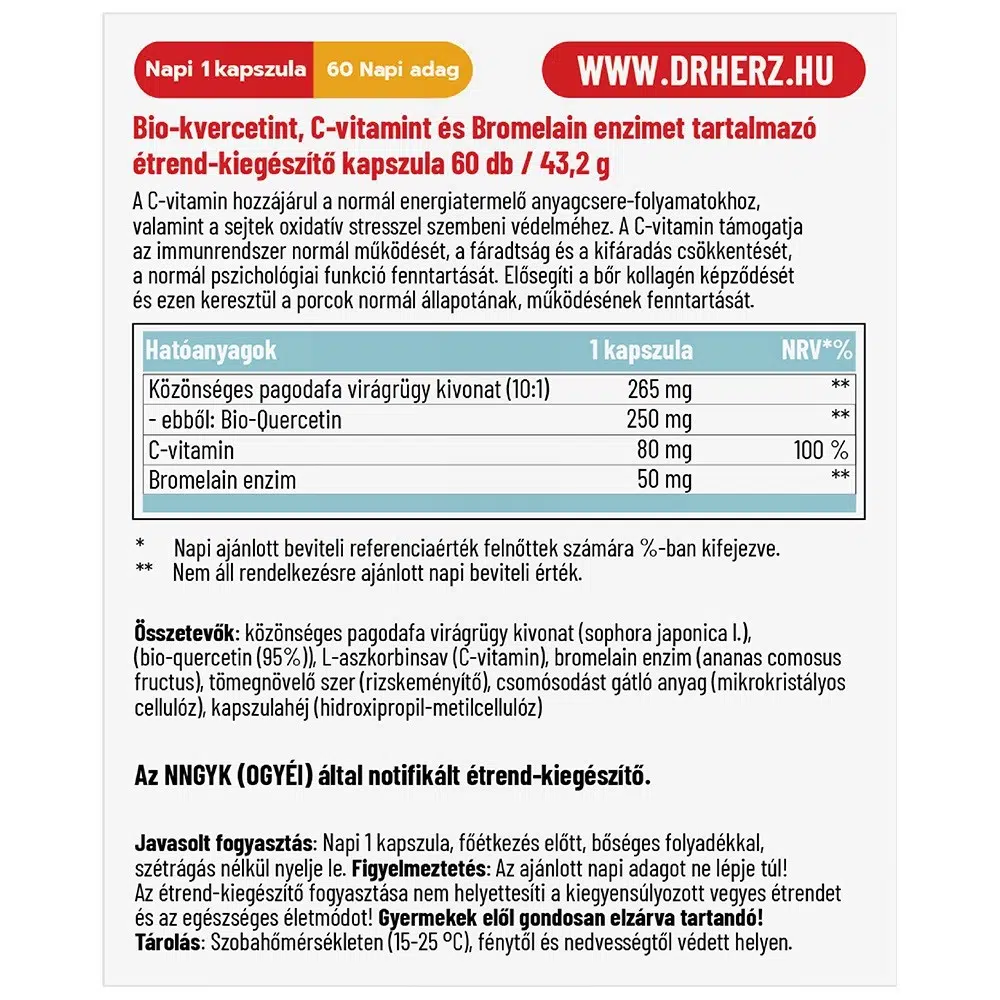 Dr. Herz Quercetin 250mg+C-vitamin+Bromelain enzim kapszula - 60db - Image 2
