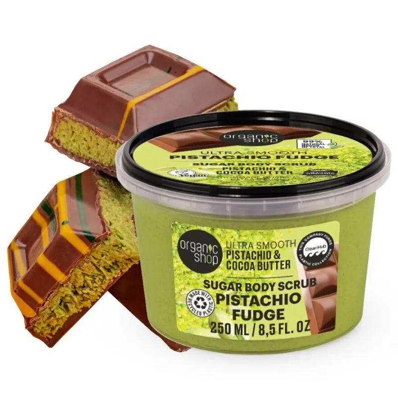 Organic Shop ''Pisztáciakaramell'' Kisimító testradír pisztáciával és kakaóvajjal - 250ml