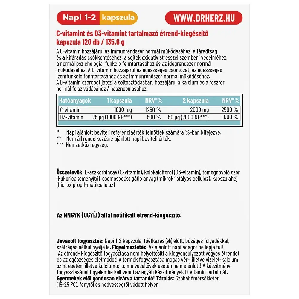 Dr. Herz XXL C+D C-vitamin 1000mg + D3-vitamin 1000NE kapszula - 120db - Image 2