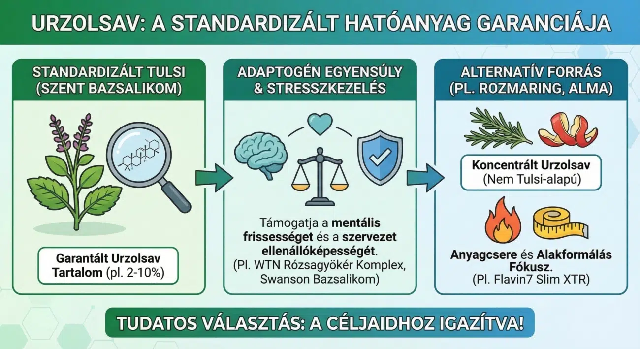 Adaptogén egyensúly vagy anyagcsere-támogatás? Az urzolsav (C30H48O3) mindkettőben segíthet, de csak ha standardizált. Válaszd a tudományosan igazolt minőséget! Urzolsav infografika