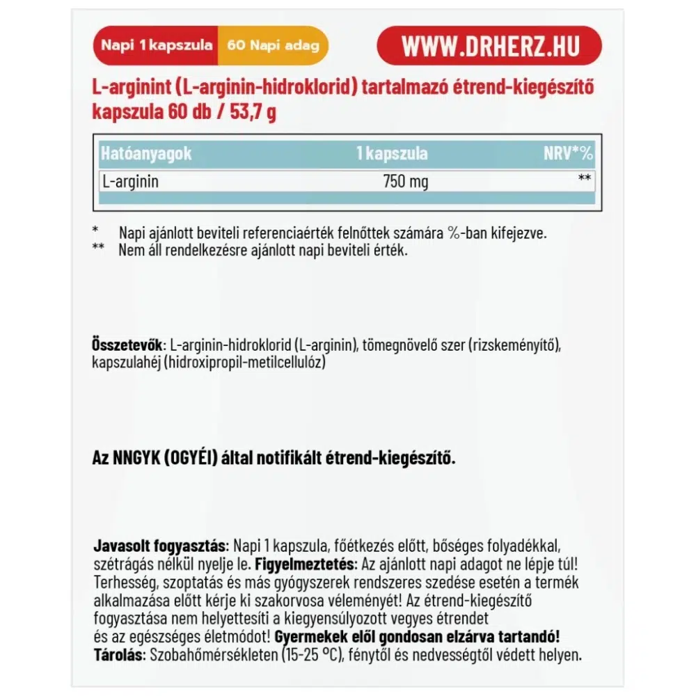 Dr. Herz L-arginin HCL 750mg kapszula - 60 db - Image 2